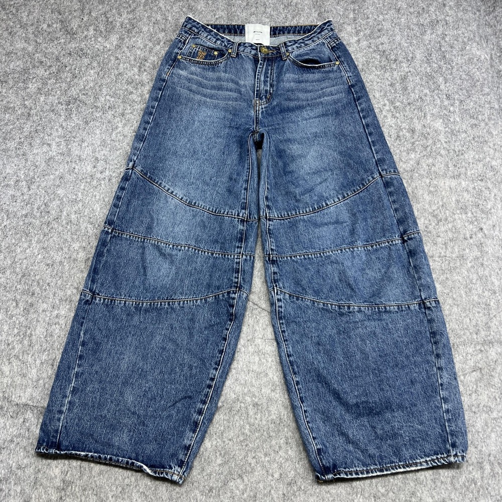 One Teaspoon Jeans Womens 27 Blue Denim Wide‎ Leg Seamed Panel Raw Hem Baggy